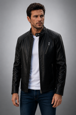 Casual Quilted Black Leather Jacket For Men