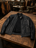 Casual Quilted Black Leather Jacket For Men