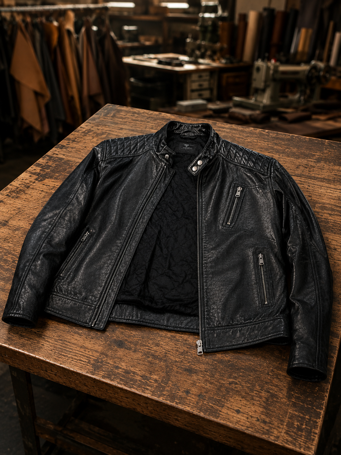 Casual Quilted Black Leather Jacket For Men