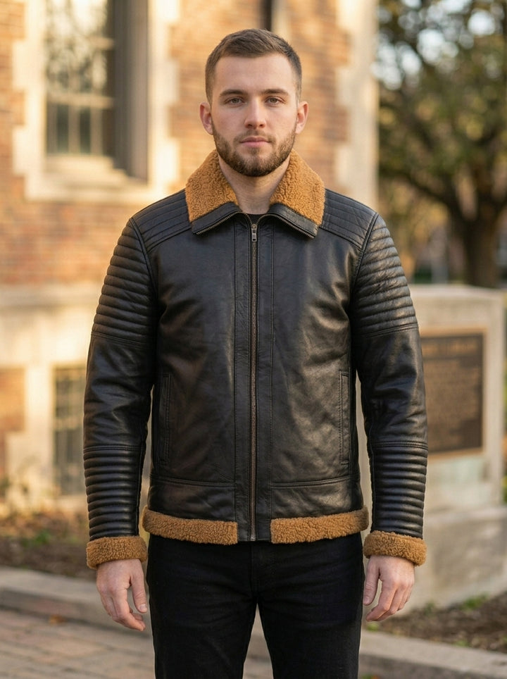 Charlie Black Leather Jacket With Fur Collar For Men