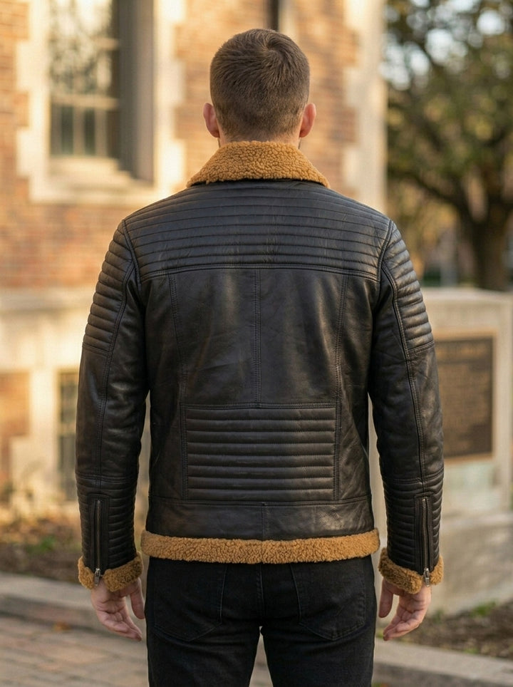 Charlie Black Leather Jacket With Fur Collar For Men