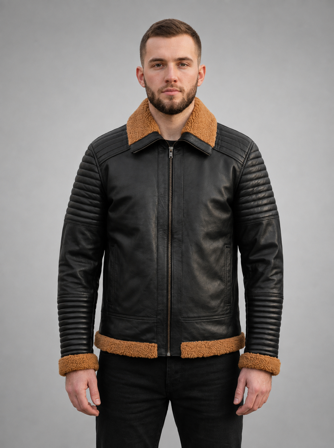 Charlie Black Leather Jacket With Fur Collar For Men