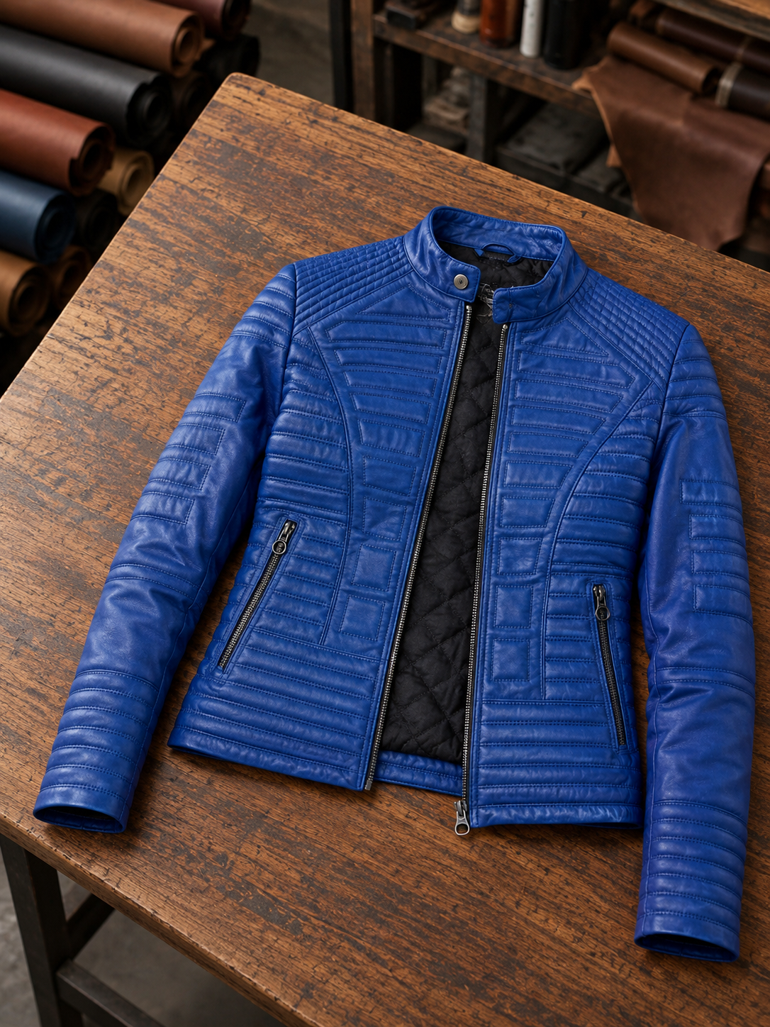 Charlotte Blue Biker Stylish Leather Jacket For Women