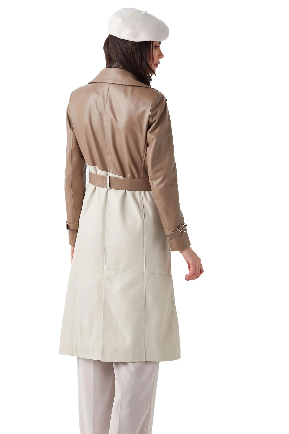 Sofia Women's Beige Garnished Cappuccino Leather Trench Coat