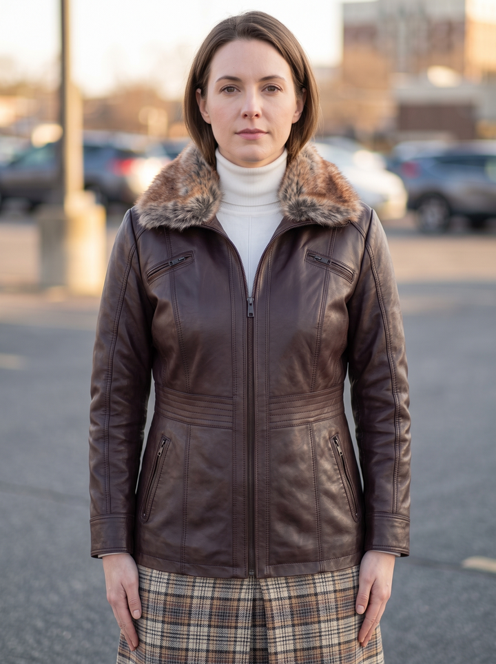 Charlotte Brown Leather Jacket With Fur Collar For Women