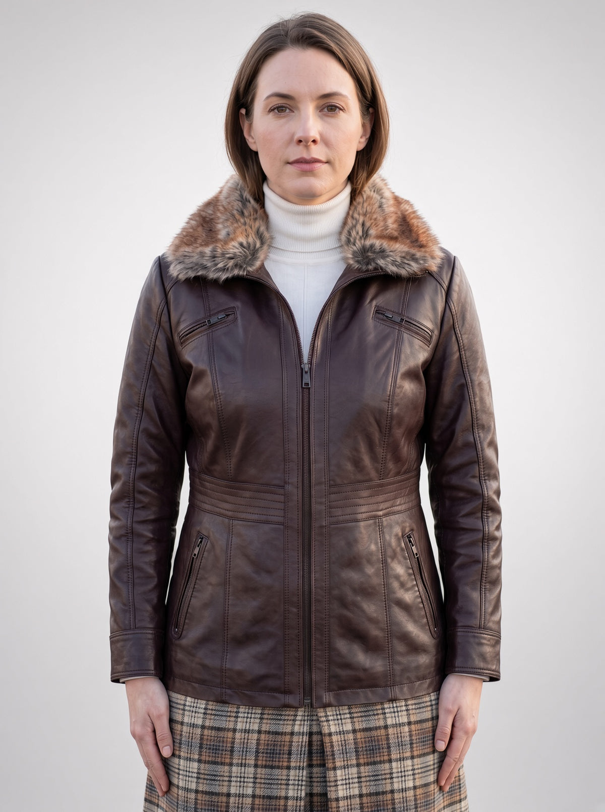 Charlotte Brown Leather Jacket With Fur Collar For Women