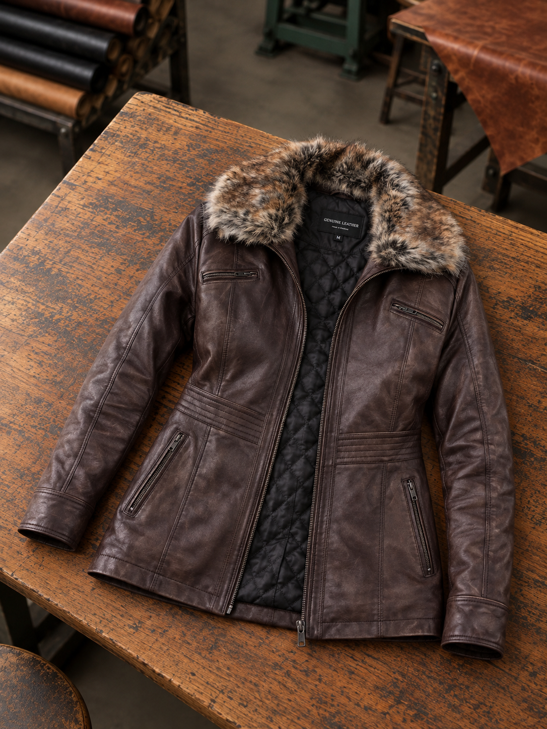 Charlotte Brown Leather Jacket With Fur Collar For Women