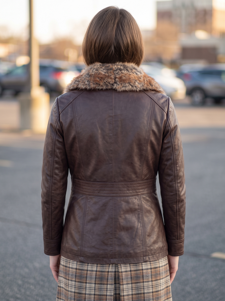 Charlotte Brown Leather Jacket With Fur Collar For Women