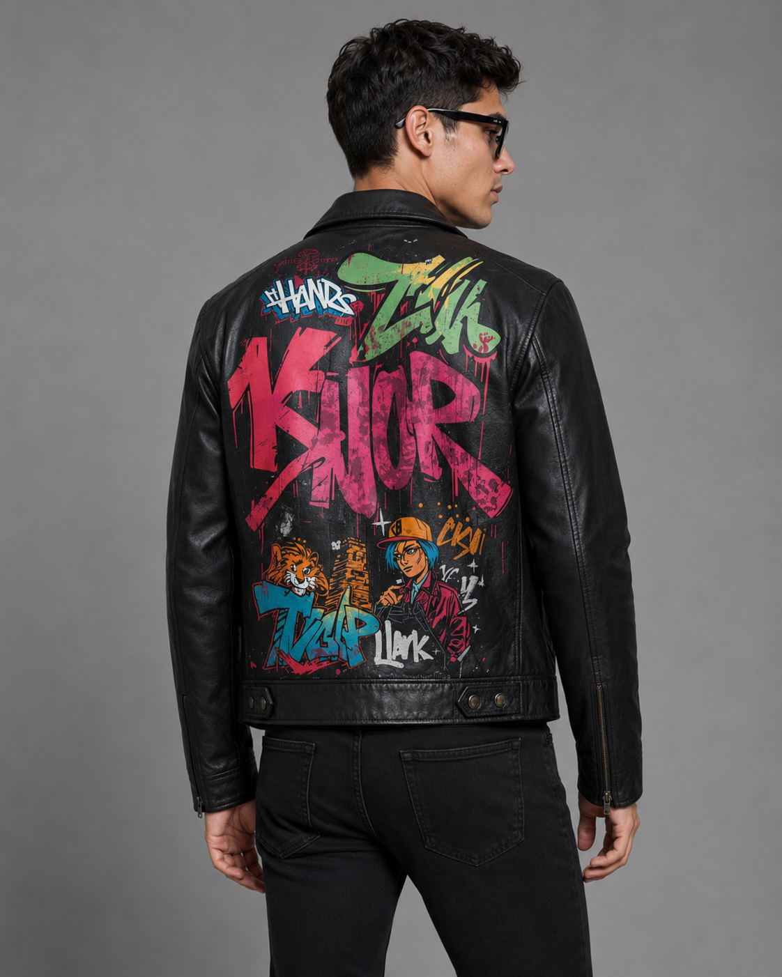 Custom Print Leather Jacket — Typography & Graffiti Artwork | Hand-Paint + Digital Print Fusion