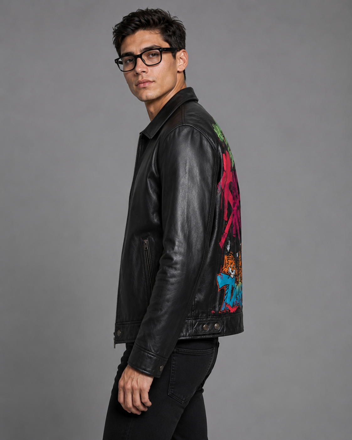 Custom Print Leather Jacket — Typography & Graffiti Artwork | Hand-Paint + Digital Print Fusion