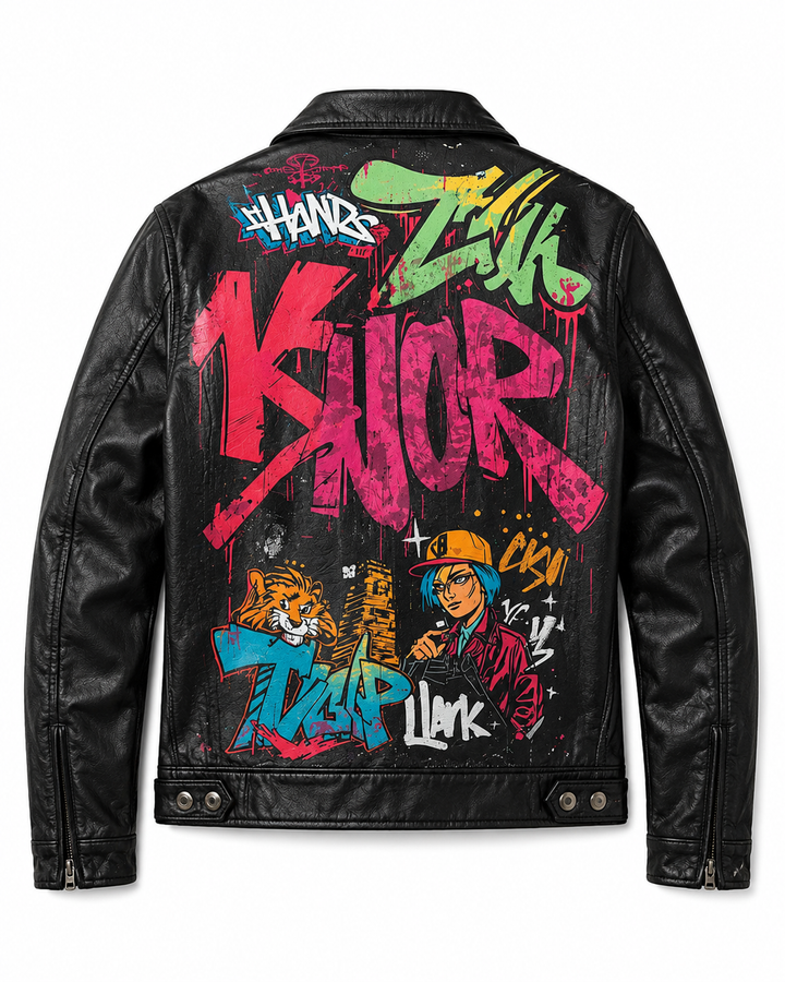 Custom Print Leather Jacket — Typography & Graffiti Artwork | Hand-Paint + Digital Print Fusion
