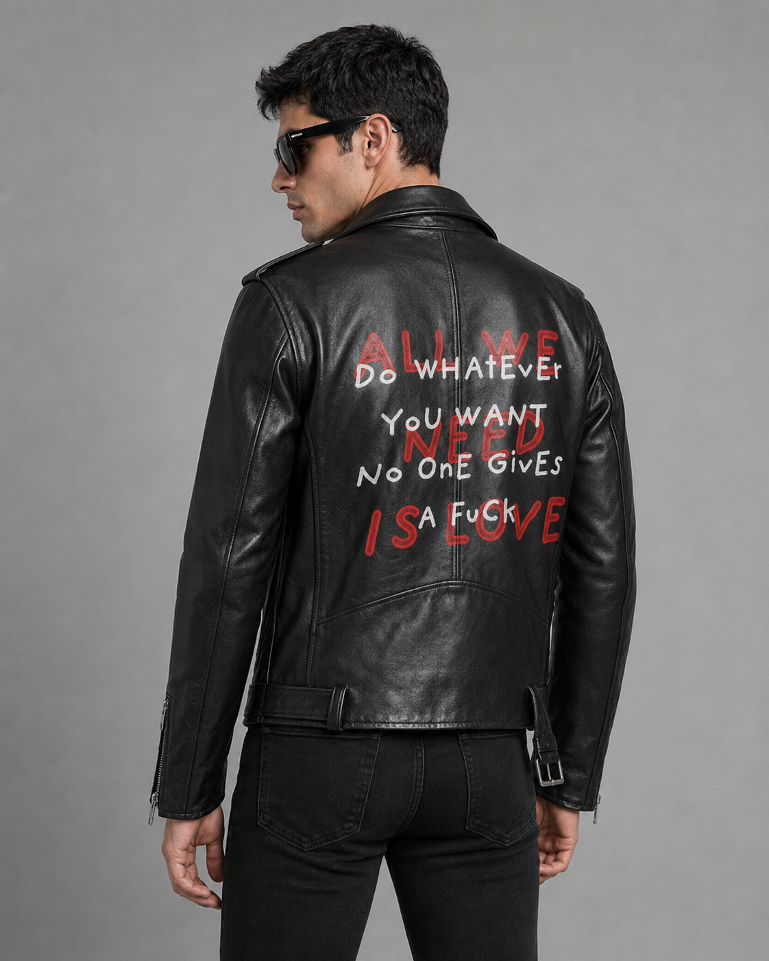 Printed Leather Biker Jacket | Rock Graffiti Art