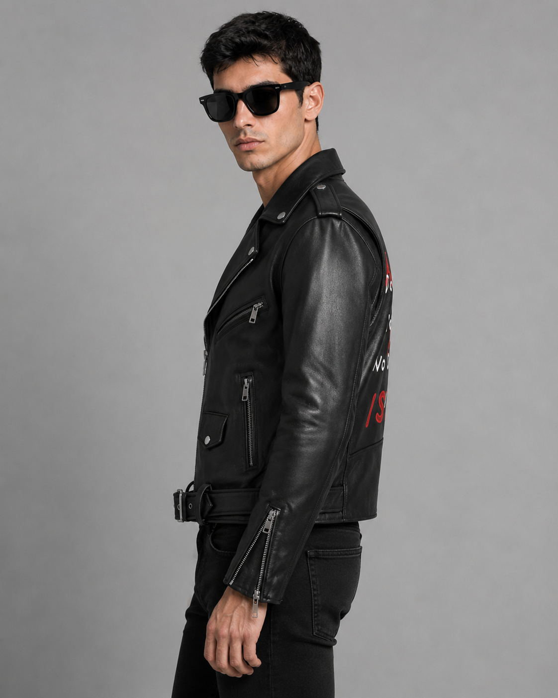 Printed Leather Biker Jacket | Rock Graffiti Art