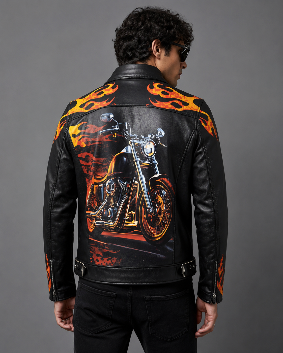 Printed Leather Jacket — Flames & Skull Artwork
