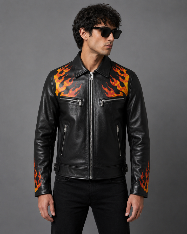 Printed Leather Jacket — Flames & Skull Artwork
