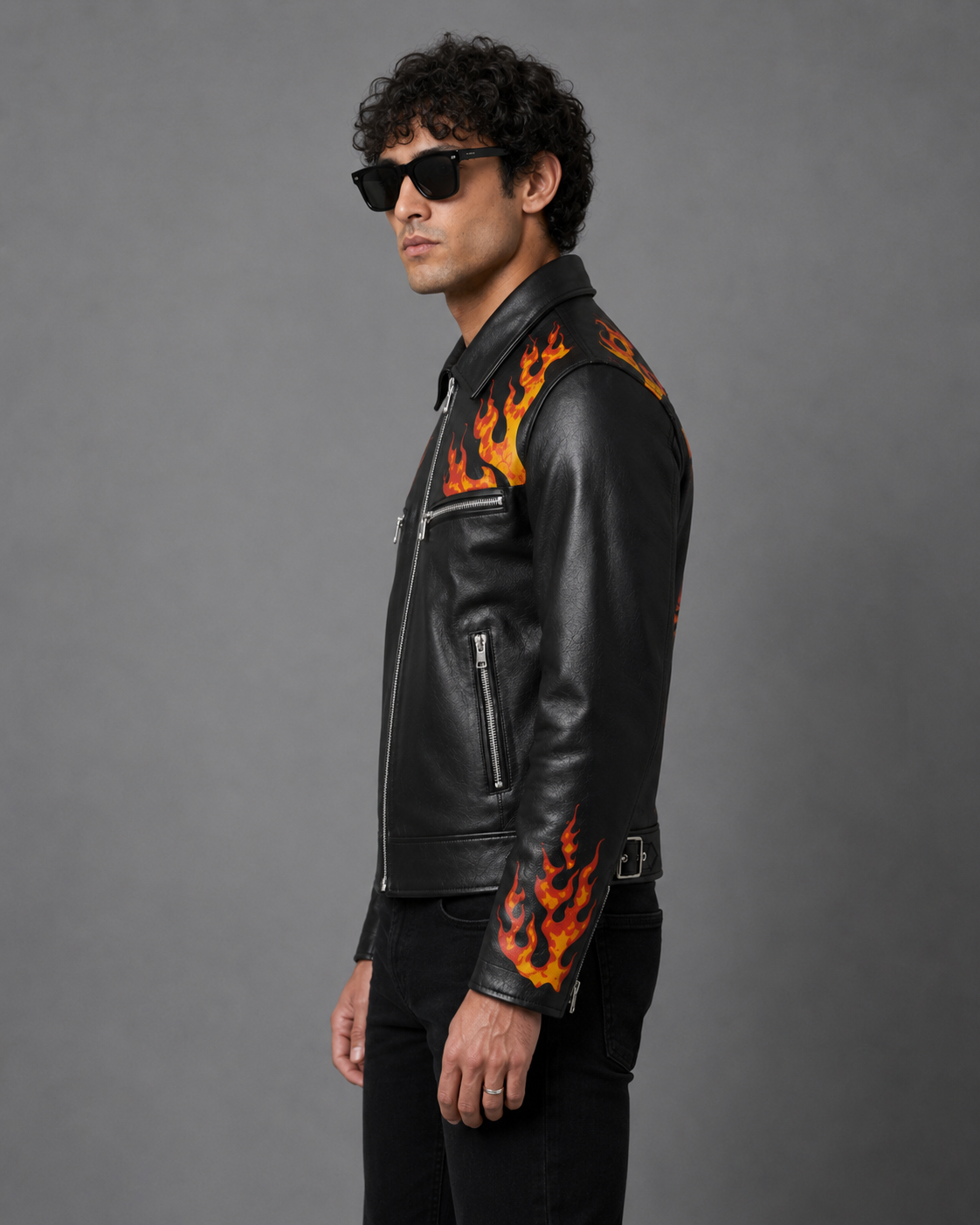Printed Leather Jacket — Flames & Skull Artwork