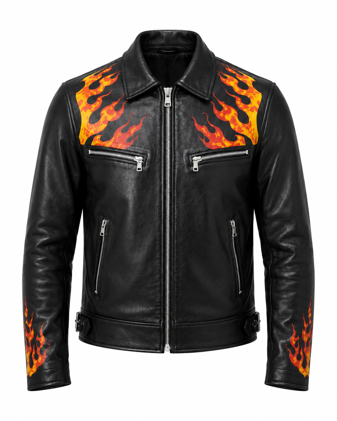 Printed Leather Jacket — Flames & Skull Artwork