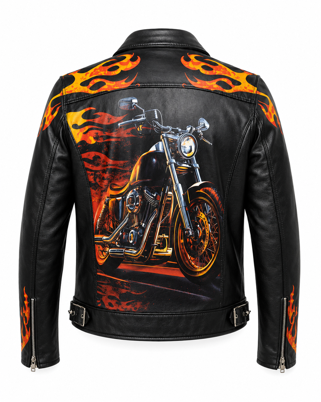 Printed Leather Jacket — Flames & Skull Artwork