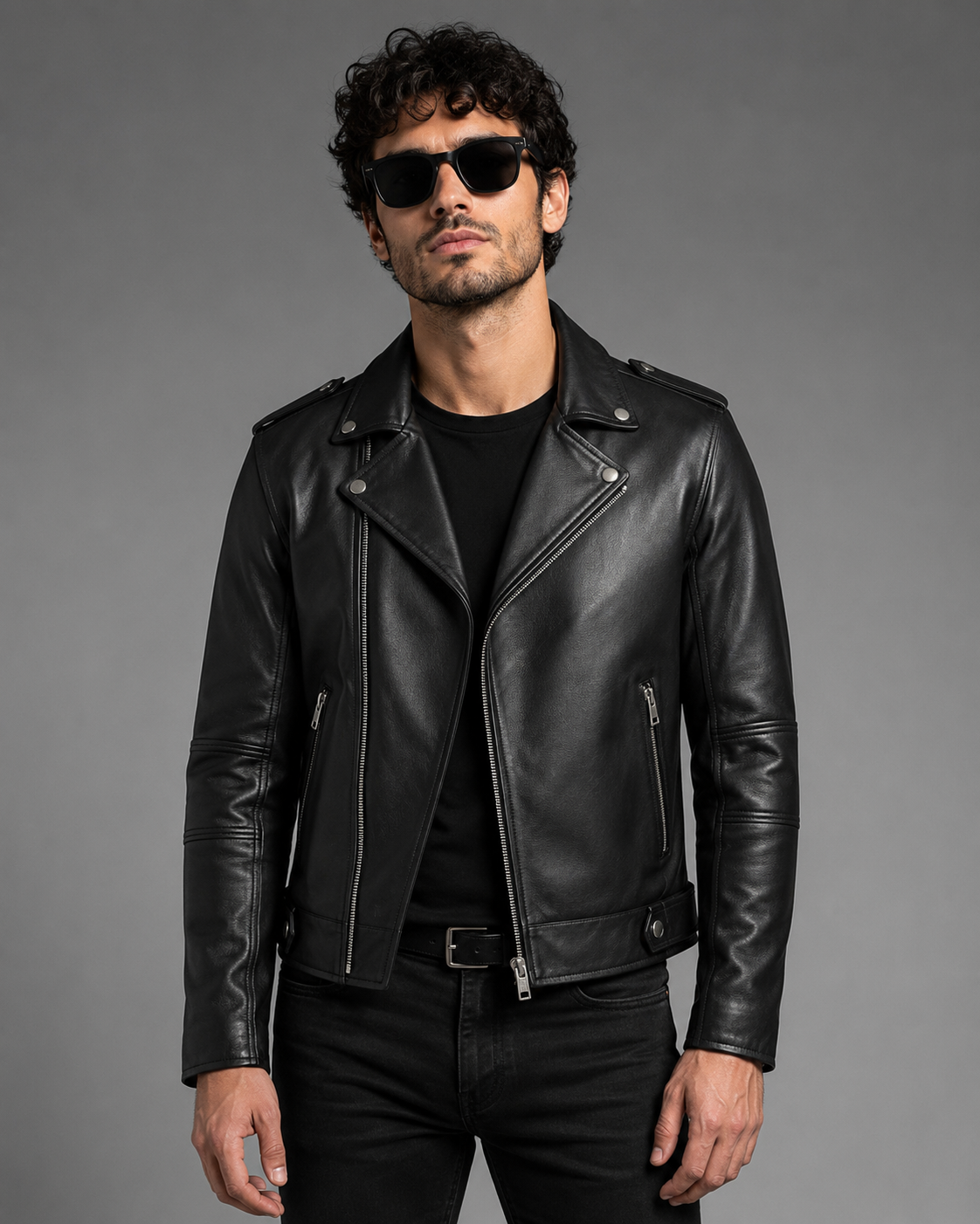 Printed Leather Jacket — Flames & Skull Artwork