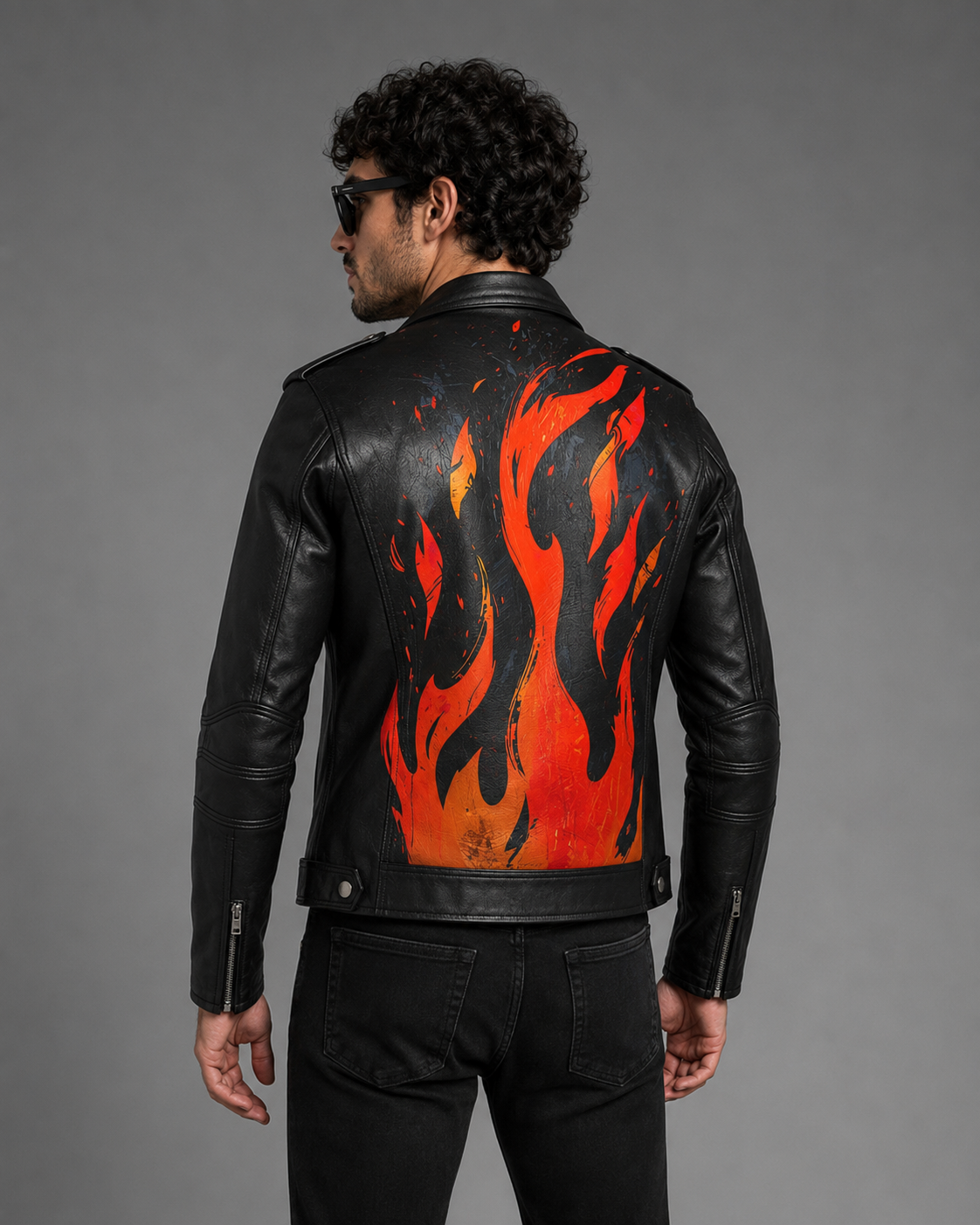 Printed Leather Jacket — Flames & Skull Artwork