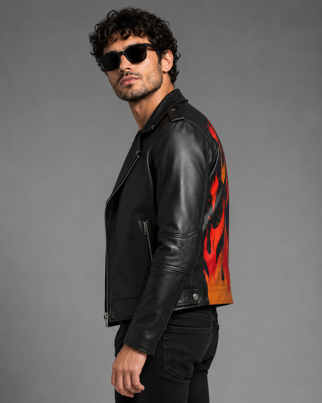 Printed Leather Jacket — Flames & Skull Artwork