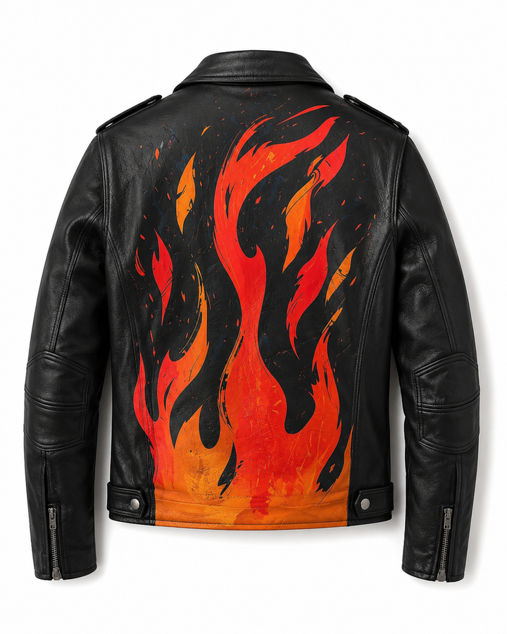 Printed Leather Jacket — Flames Artwork