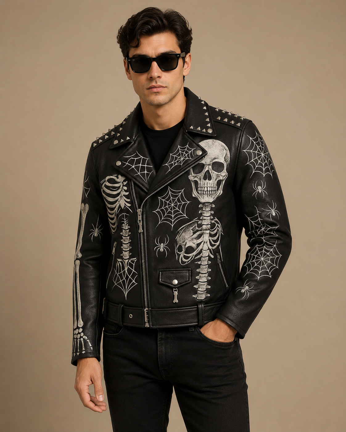 Skull Printed Leather Biker Jacket