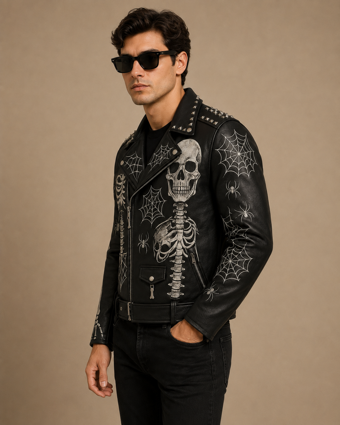 Skull Printed Leather Biker Jacket
