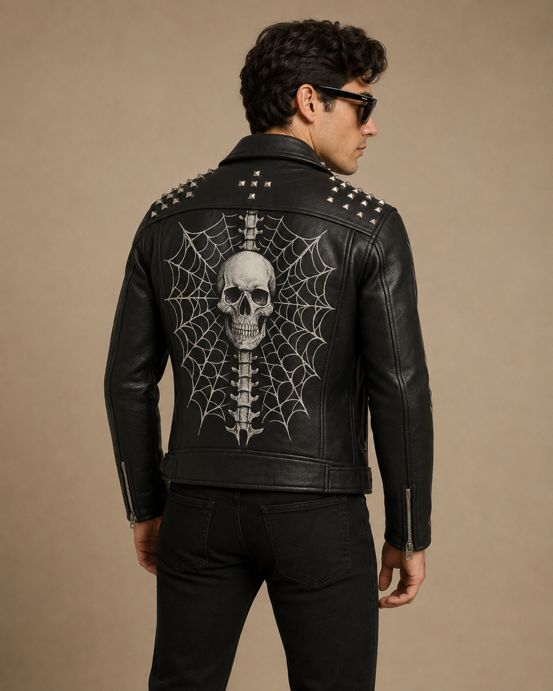 Skull Printed Leather Biker Jacket