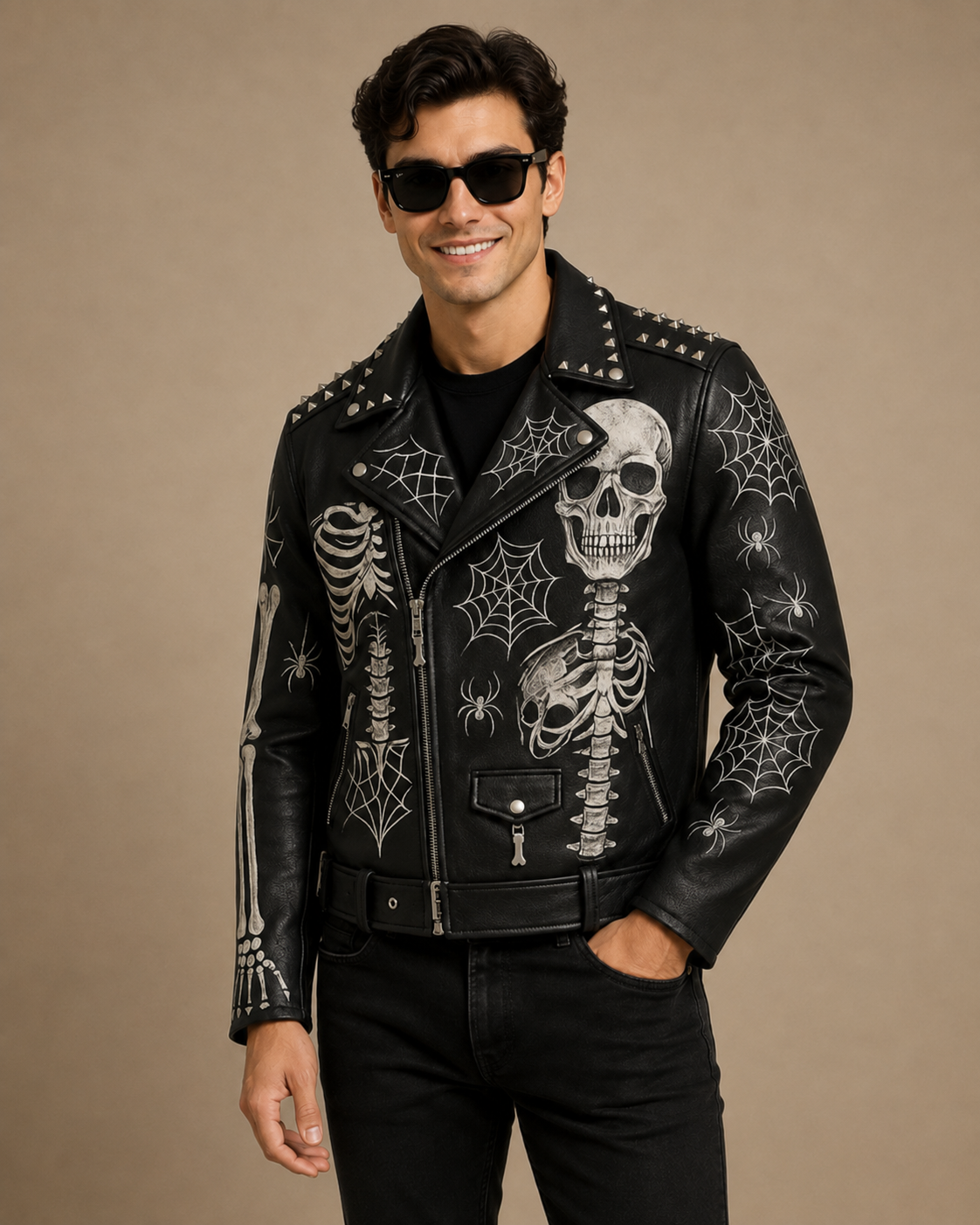 Skull Printed Leather Biker Jacket