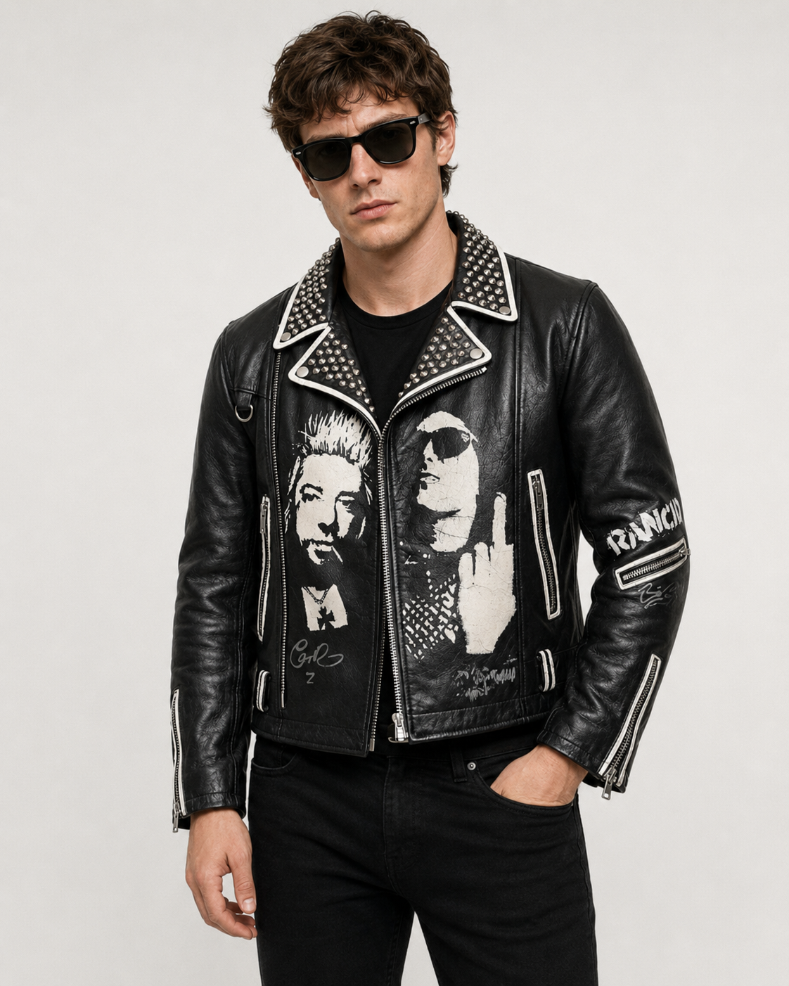 Printed Rancid Studded Punk Leather Jacket