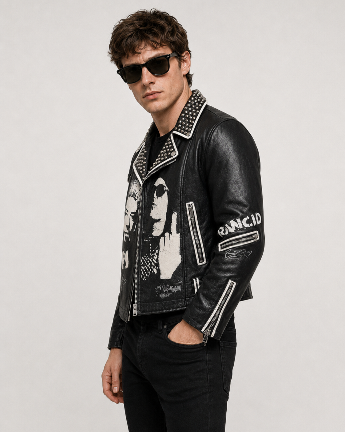 Printed Rancid Studded Punk Leather Jacket