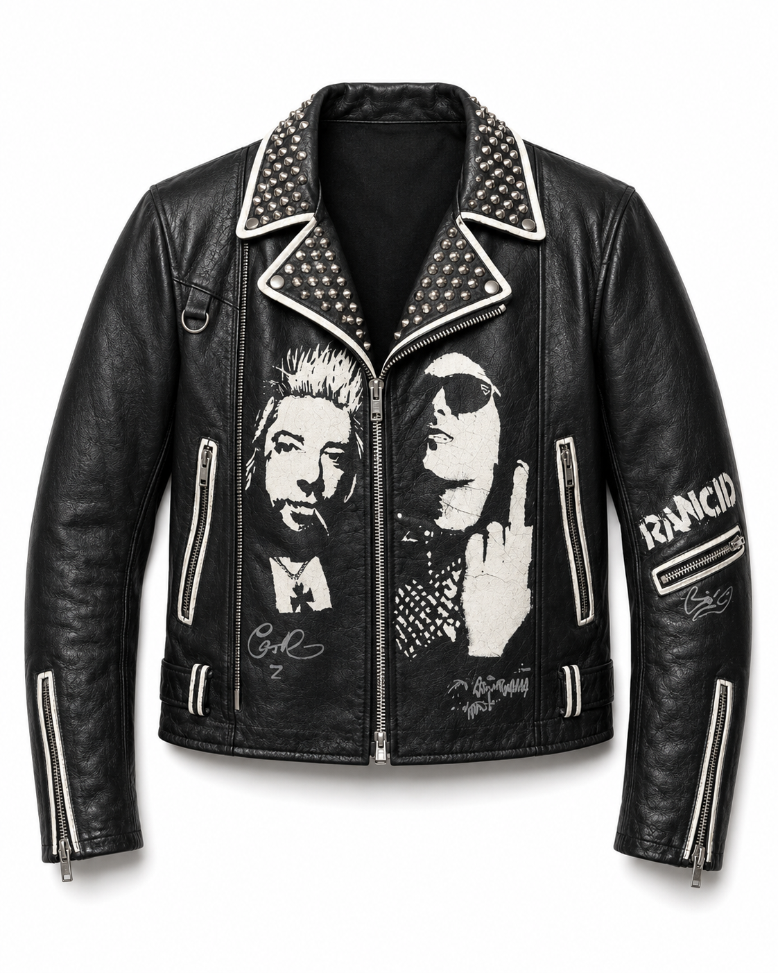 Printed Rancid Studded Punk Leather Jacket