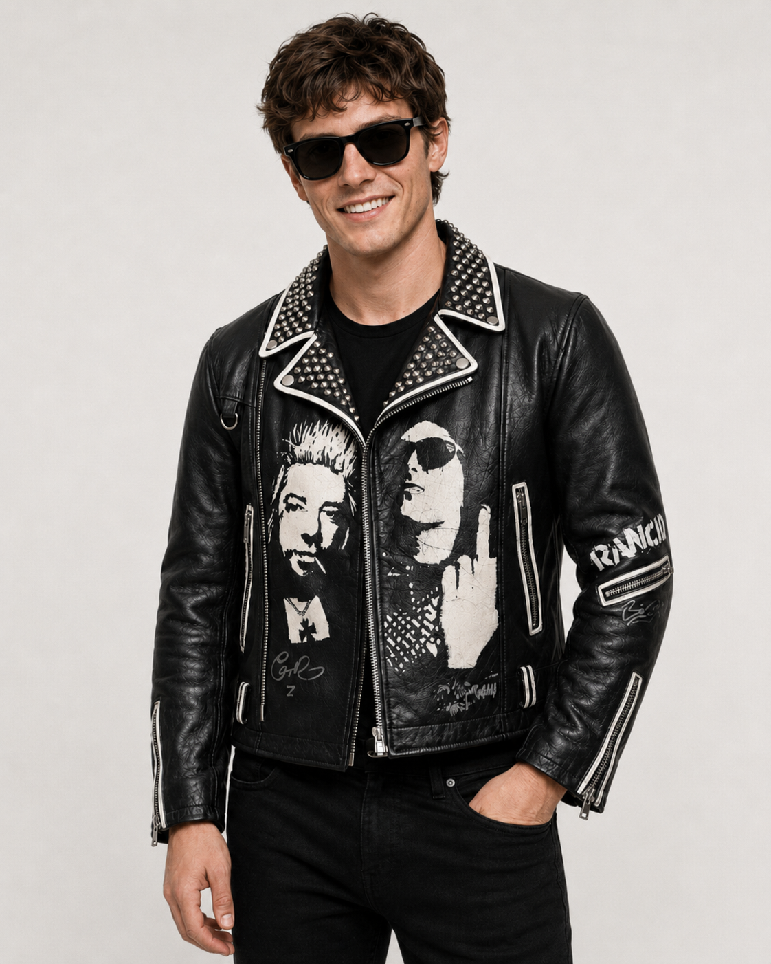 Printed Rancid Studded Punk Leather Jacket