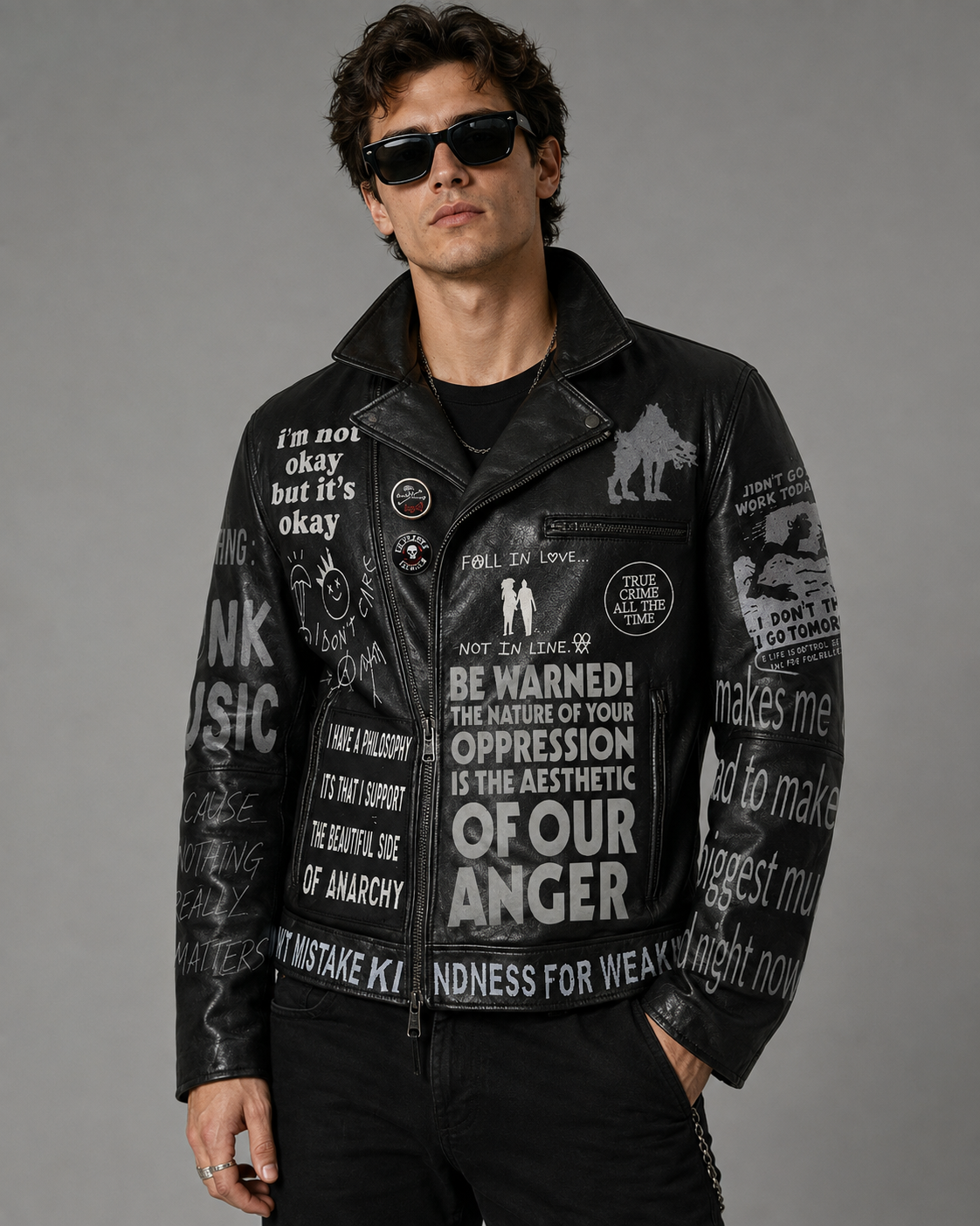 Printed Cowhide Leather Biker Jacket