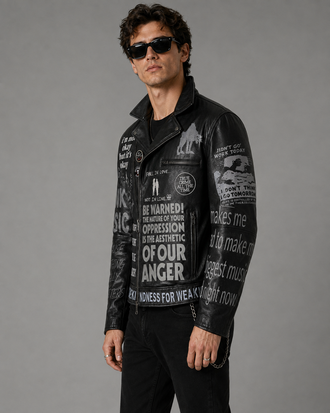 Printed Cowhide Leather Biker Jacket