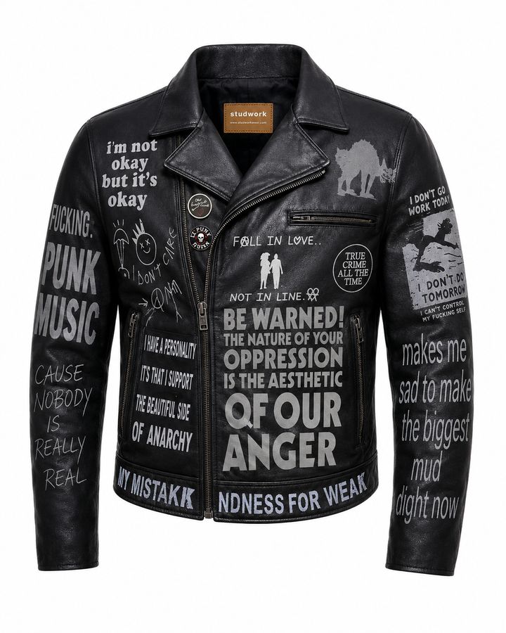 Printed Cowhide Leather Biker Jacket
