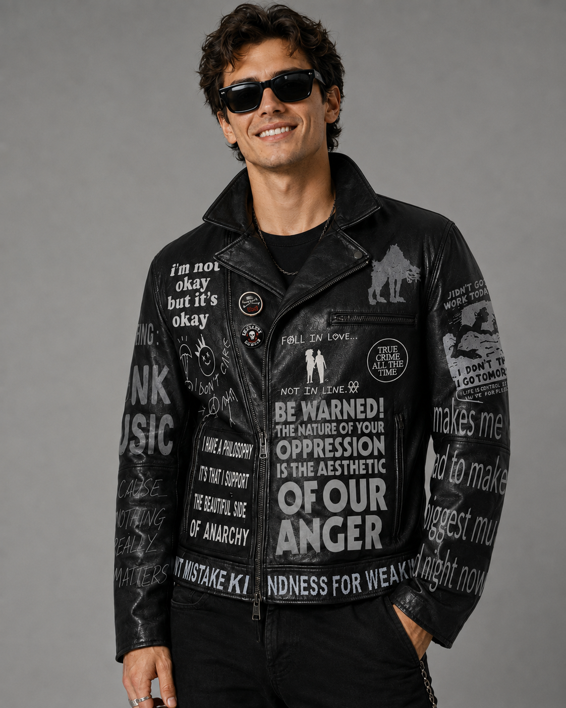 Printed Cowhide Leather Biker Jacket