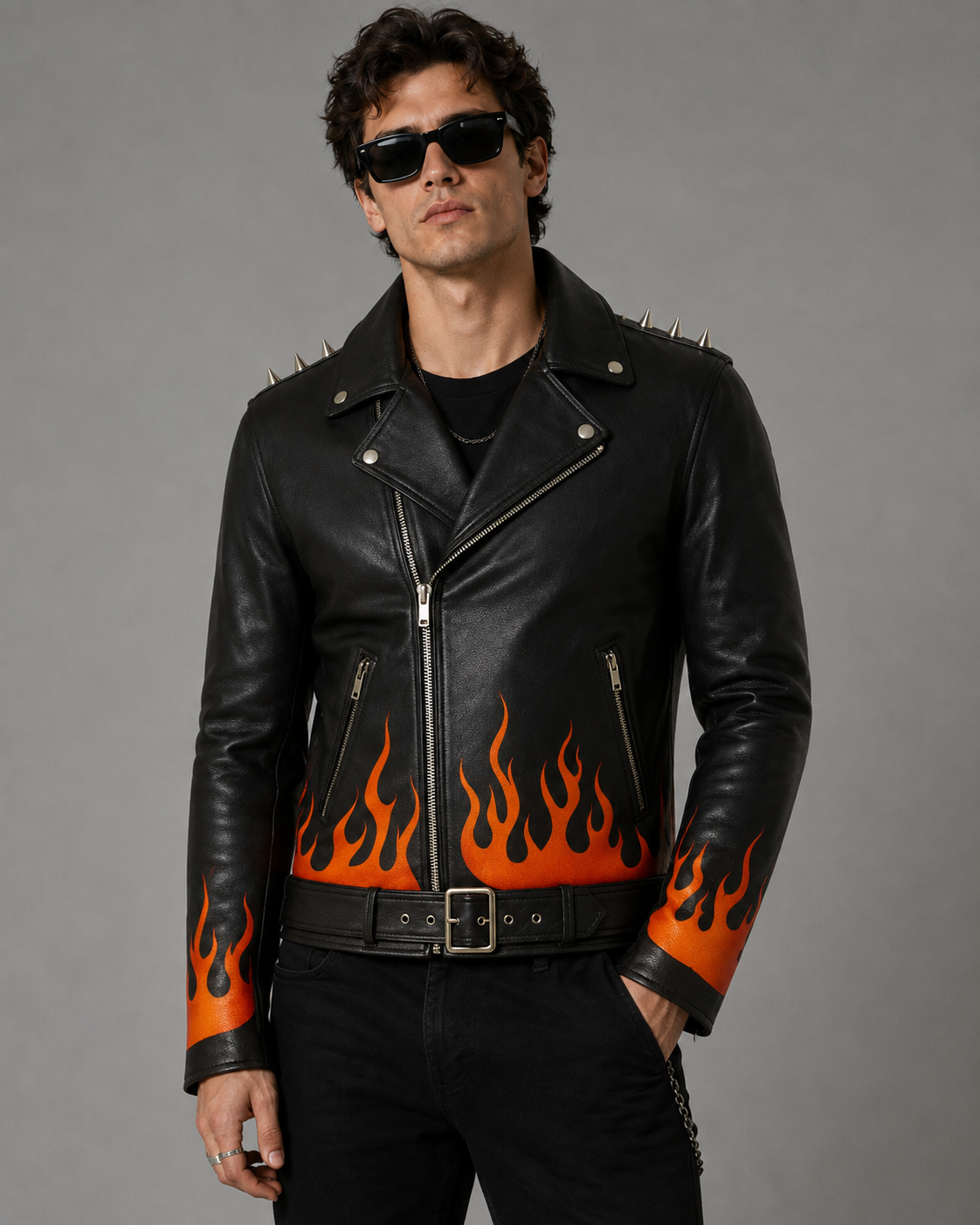 Flame Printed Leather Jacket – Spiked Shoulders