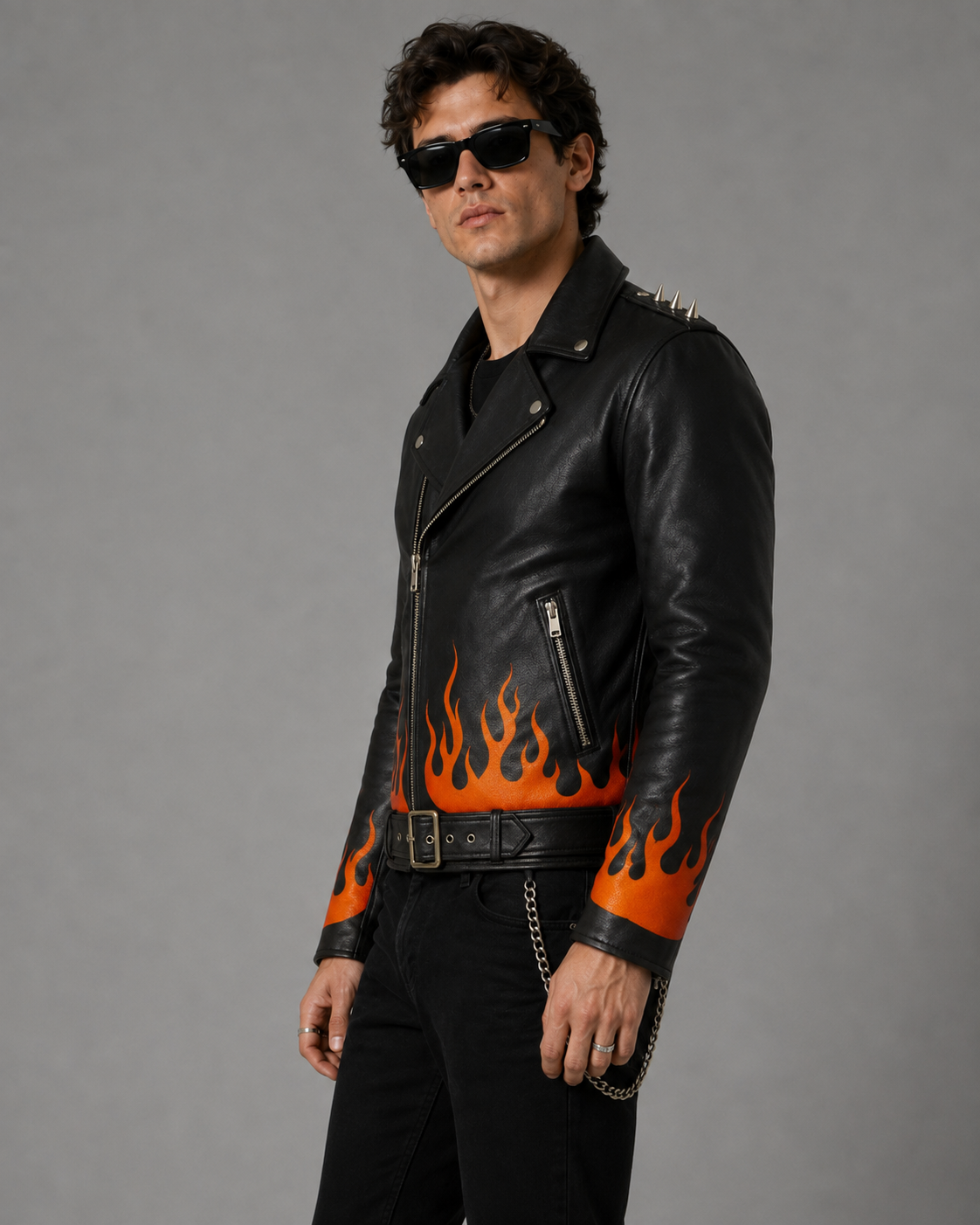 Flame Printed Leather Jacket – Spiked Shoulders