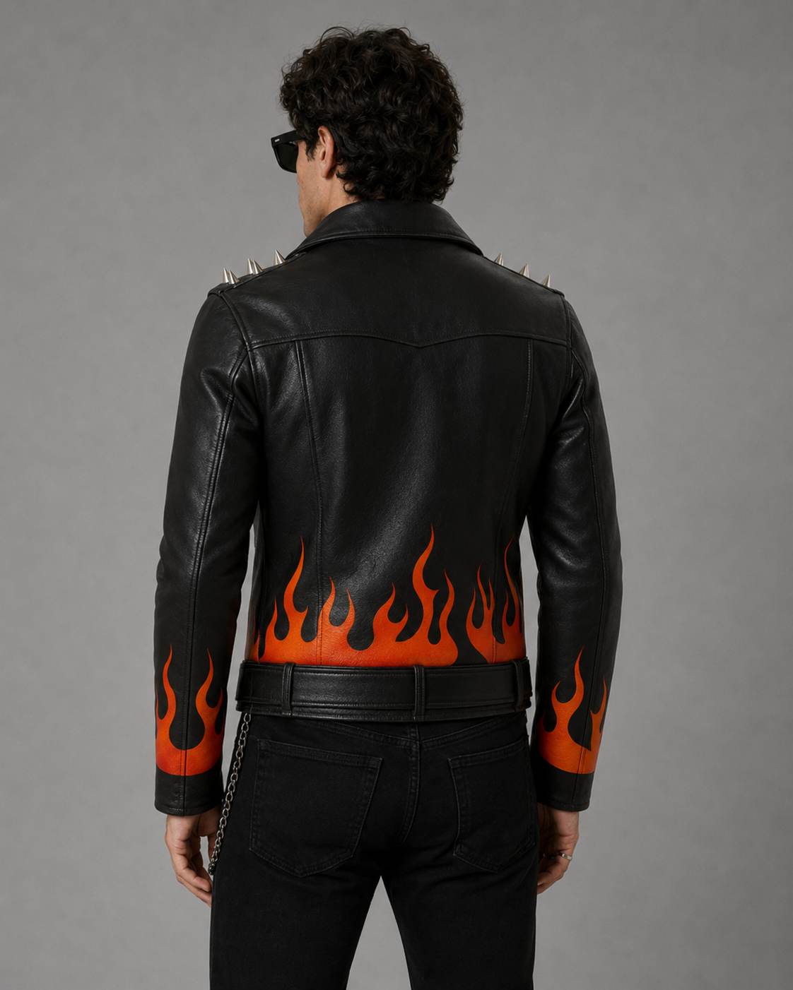 Flame Printed Leather Jacket – Spiked Shoulders