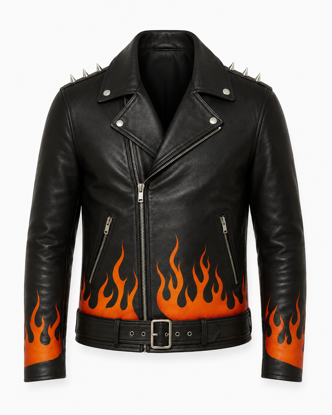 Flame Printed Leather Jacket – Spiked Shoulders