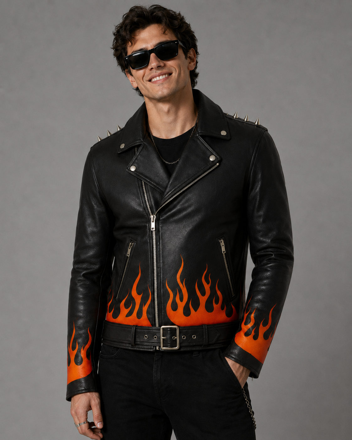 Flame Printed Leather Jacket – Spiked Shoulders