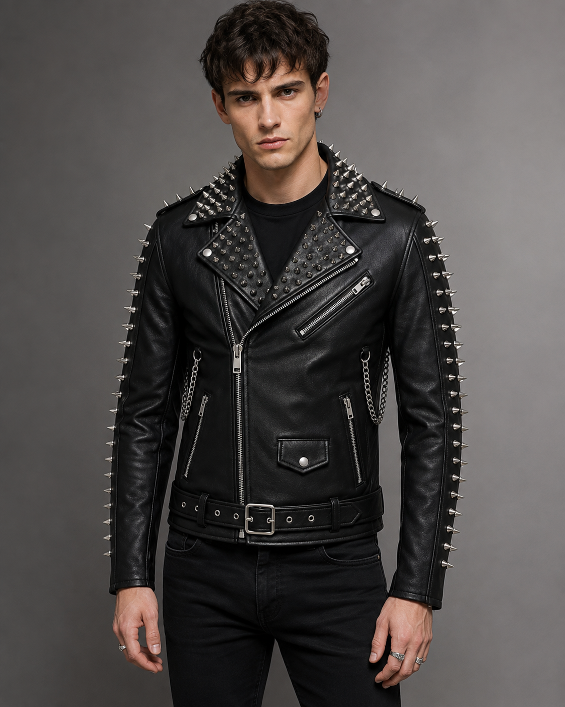 Printed Spiked Leather Biker Jacket