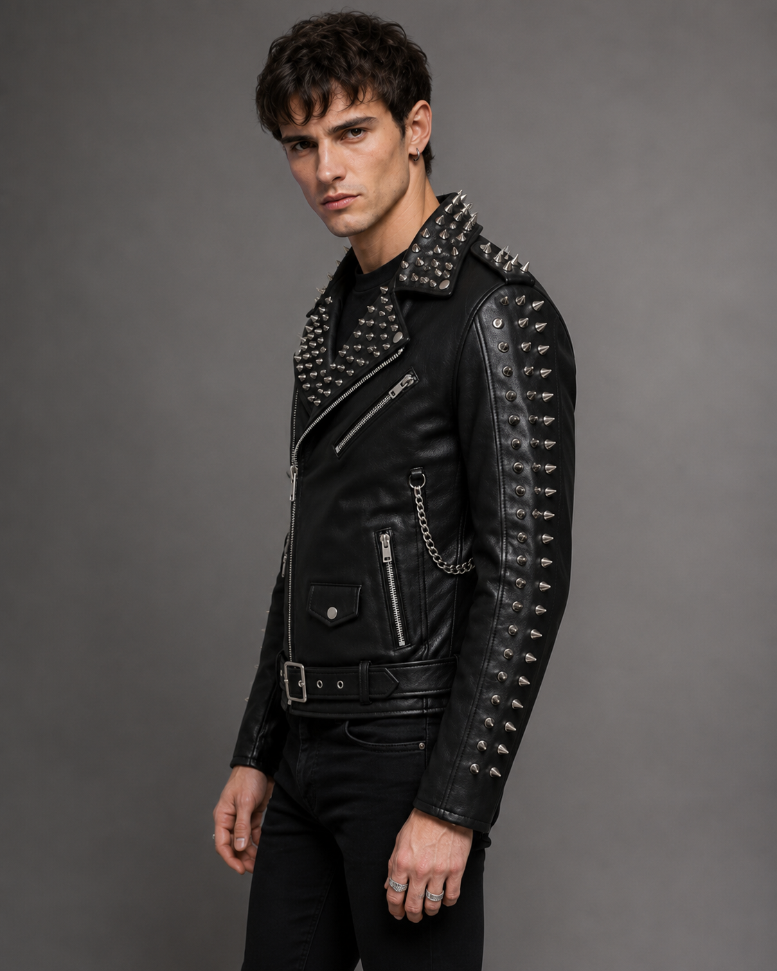 Printed Spiked Leather Biker Jacket
