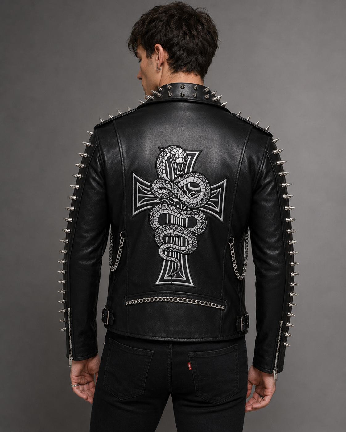 Printed Spiked Leather Biker Jacket