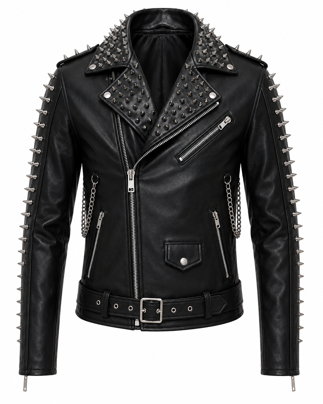 Printed Spiked Leather Biker Jacket