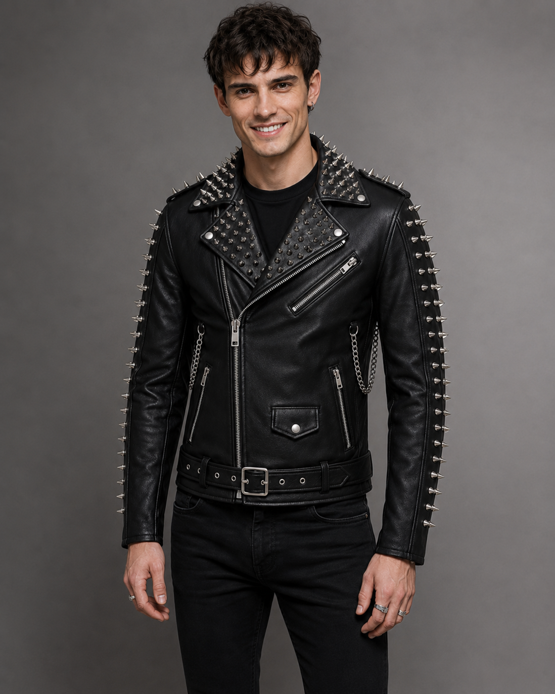 Printed Spiked Leather Biker Jacket