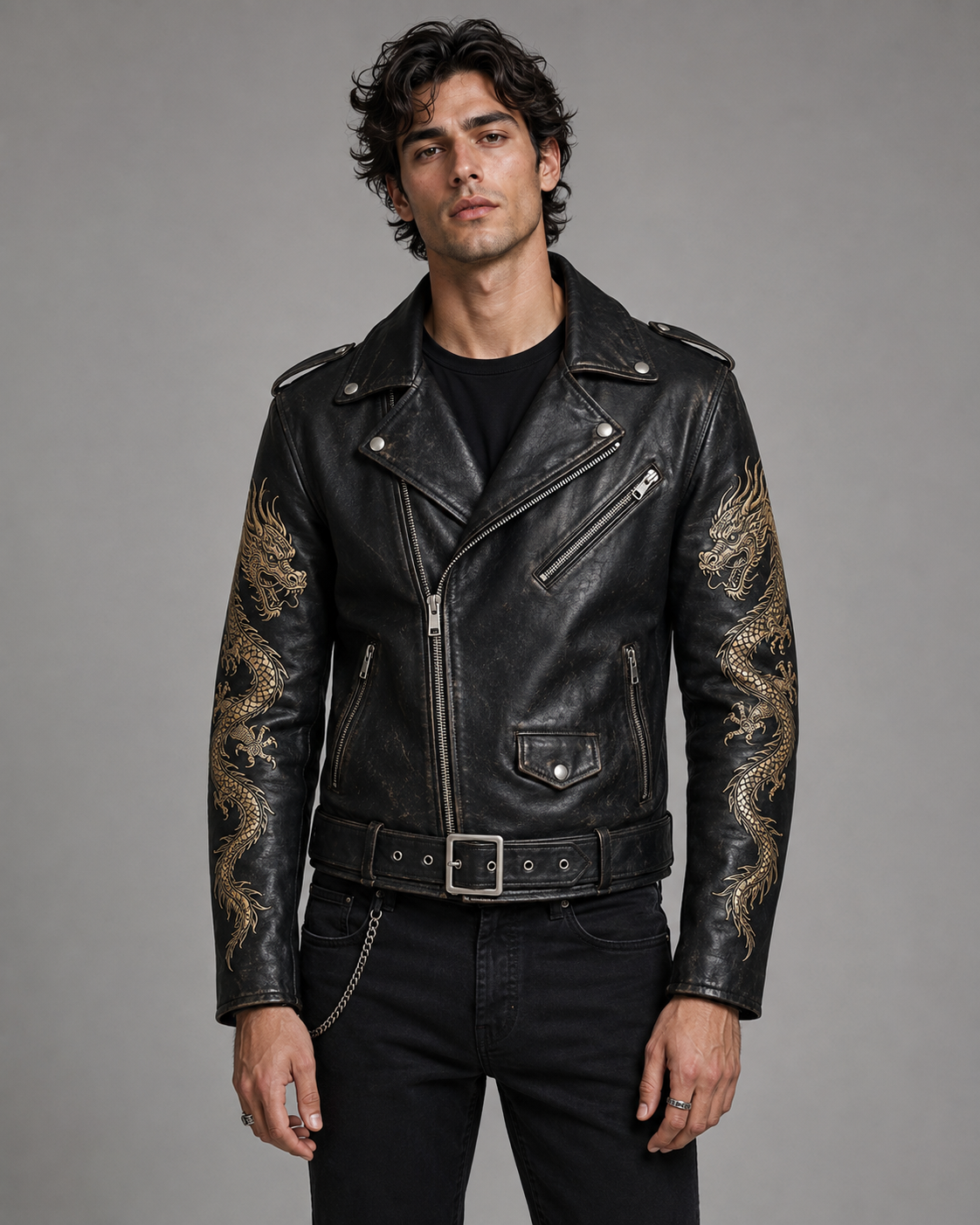 Printed Dragon Leather Jacket Men | Japanese Dragon