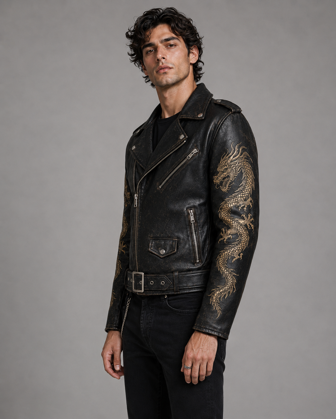 Printed Dragon Leather Jacket Men | Japanese Dragon